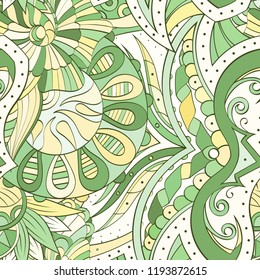 Tracery seamless pattern. Mehndi design. Ethnic colorful doodle texture. Curved doodling background. Vector