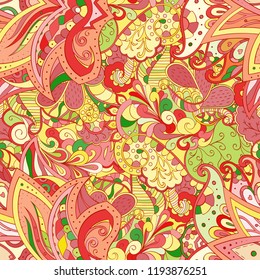 Tracery seamless pattern. Mehndi design. Ethnic colorful doodle texture. Curved doodling background. Vector
