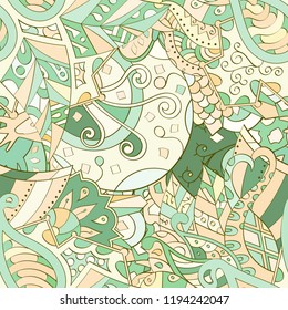 Tracery seamless pattern. Mehndi design. Ethnic colorful doodle texture. Curved doodling background. Vector