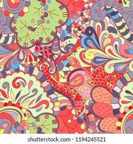 Tracery seamless pattern. Mehndi design. Ethnic colorful doodle texture. Curved doodling background. Vector