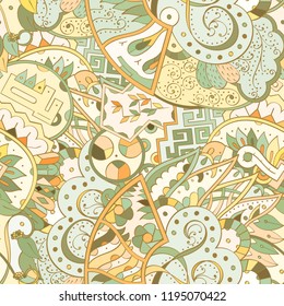 Tracery seamless pattern. Mehndi design. Ethnic colorful doodle texture. Curved doodling background. Vector