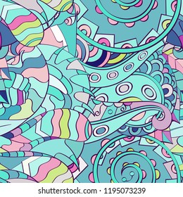 Tracery seamless pattern. Mehndi design. Ethnic colorful doodle texture. Curved doodling background. Vector