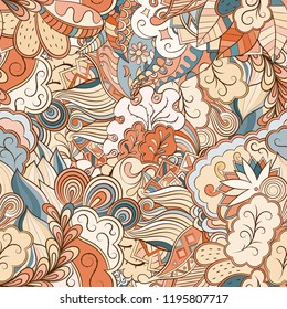 Tracery seamless pattern. Mehndi design. Ethnic colorful doodle texture. Curved doodling background. Vector