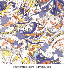 Tracery seamless pattern. Mehndi design. Ethnic colorful doodle texture. Curved doodling background. Vector