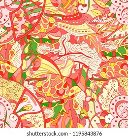 Tracery seamless pattern. Mehndi design. Ethnic colorful doodle texture. Curved doodling background. Vector