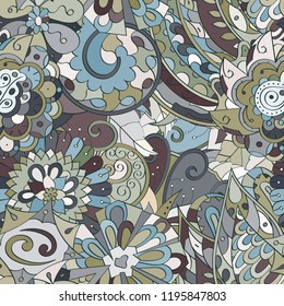 Tracery seamless pattern. Mehndi design. Ethnic colorful doodle texture. Curved doodling background. Vector
