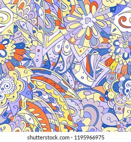 Tracery seamless pattern. Mehndi design. Ethnic colorful doodle texture. Curved doodling background. Vector