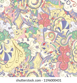 Tracery seamless pattern. Mehndi design. Ethnic colorful doodle texture. Curved doodling background. Vector
