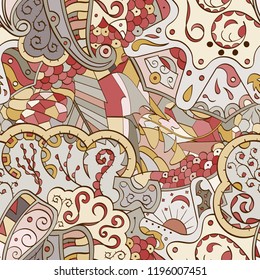 Tracery seamless pattern. Mehndi design. Ethnic colorful doodle texture. Curved doodling background. Vector