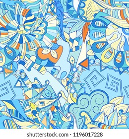 Tracery seamless pattern. Mehndi design. Ethnic colorful doodle texture. Curved doodling background. Vector