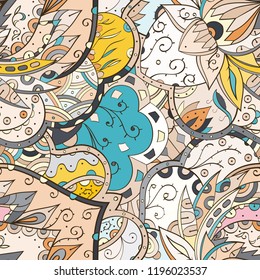 Tracery seamless pattern. Mehndi design. Ethnic colorful doodle texture. Curved doodling background. Vector