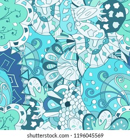 Tracery seamless pattern. Mehndi design. Ethnic colorful doodle texture. Curved doodling background. Vector