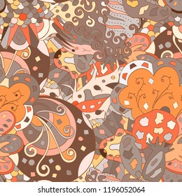 Tracery seamless pattern. Mehndi design. Ethnic colorful doodle texture. Curved doodling background. Vector