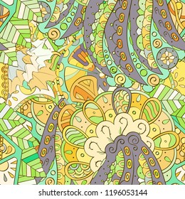 Tracery seamless pattern. Mehndi design. Ethnic colorful doodle texture. Curved doodling background. Vector