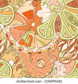 Tracery seamless pattern. Mehndi design. Ethnic colorful doodle texture. Curved doodling background. Vector