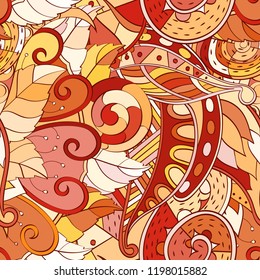 Tracery seamless pattern. Mehndi design. Ethnic colorful doodle texture. Curved doodling background. Vector