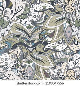 Tracery seamless pattern. Mehndi design. Ethnic colorful doodle texture. Curved doodling background. Vector