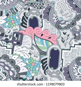 Tracery seamless pattern. Mehndi design. Ethnic colorful doodle texture. Curved doodling background. Vector