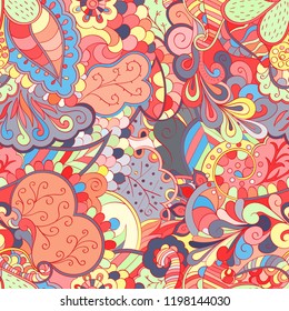 Tracery seamless pattern. Mehndi design. Ethnic colorful doodle texture. Curved doodling background. Vector