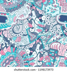 Tracery seamless pattern. Mehndi design. Ethnic colorful doodle texture. Curved doodling background. Vector