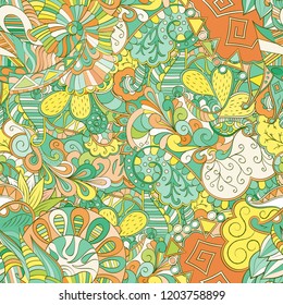 Tracery seamless pattern. Mehndi design. Ethnic colorful doodle texture. Curved doodling background. Vector