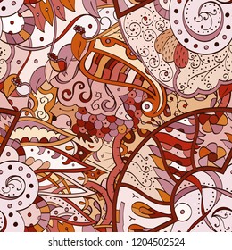 Tracery seamless pattern. Mehndi design. Ethnic colorful doodle texture. Curved doodling background. Vector