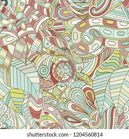 Tracery seamless pattern. Mehndi design. Ethnic colorful doodle texture. Curved doodling background. Vector
