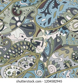 Tracery seamless pattern. Mehndi design. Ethnic colorful doodle texture. Curved doodling background. Vector