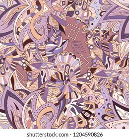 Tracery seamless pattern. Mehndi design. Ethnic colorful doodle texture. Curved doodling background. Vector