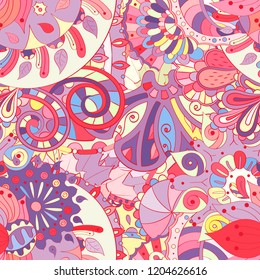 Tracery seamless pattern. Mehndi design. Ethnic colorful doodle texture. Curved doodling background. Vector