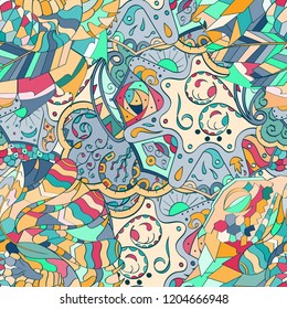 Tracery seamless pattern. Mehndi design. Ethnic colorful doodle texture. Curved doodling background. Vector