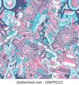 Tracery seamless pattern. Mehndi design. Ethnic colorful doodle texture. Curved doodling background. Vector