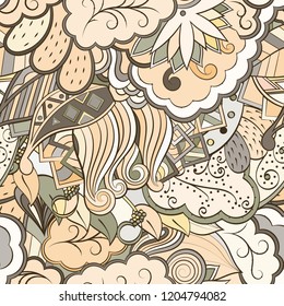Tracery seamless pattern. Mehndi design. Ethnic colorful doodle texture. Curved doodling background. Vector