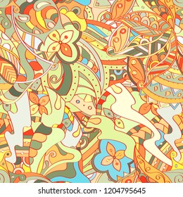 Tracery seamless pattern. Mehndi design. Ethnic colorful doodle texture. Curved doodling background. Vector