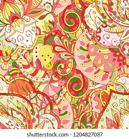 Tracery seamless pattern. Mehndi design. Ethnic colorful doodle texture. Curved doodling background. Vector