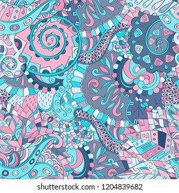 Tracery seamless pattern. Mehndi design. Ethnic colorful doodle texture. Curved doodling background. Vector
