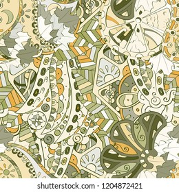Tracery seamless pattern. Mehndi design. Ethnic colorful doodle texture. Curved doodling background. Vector