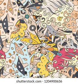 Tracery seamless pattern. Mehndi design. Ethnic colorful doodle texture. Curved doodling background. Vector
