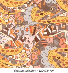 Tracery seamless pattern. Mehndi design. Ethnic colorful doodle texture. Curved doodling background. Vector