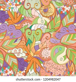 Tracery seamless pattern. Mehndi design. Ethnic colorful doodle texture. Curved doodling background. Vector