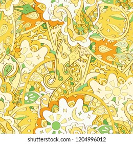 Tracery seamless pattern. Mehndi design. Ethnic colorful doodle texture. Curved doodling background. Vector