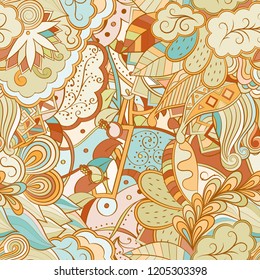 Tracery seamless pattern. Mehndi design. Ethnic colorful doodle texture. Curved doodling background. Vector