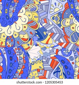 Tracery seamless pattern. Mehndi design. Ethnic colorful doodle texture. Curved doodling background. Vector