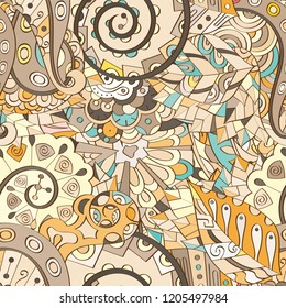 Tracery seamless pattern. Mehndi design. Ethnic colorful doodle texture. Curved doodling background. Vector