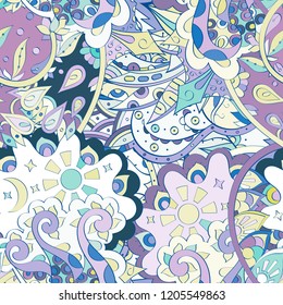 Tracery seamless pattern. Mehndi design. Ethnic colorful doodle texture. Curved doodling background. Vector