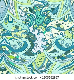 Tracery seamless pattern. Mehndi design. Ethnic colorful doodle texture. Curved doodling background. Vector