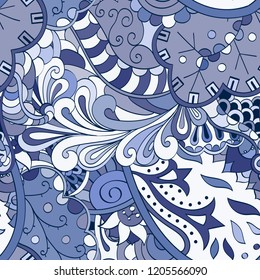 Tracery seamless pattern. Mehndi design. Ethnic colorful doodle texture. Curved doodling background. Vector