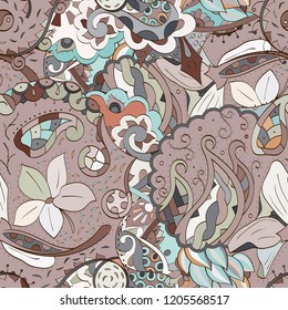 Tracery seamless pattern. Mehndi design. Ethnic colorful doodle texture. Curved doodling background. Vector