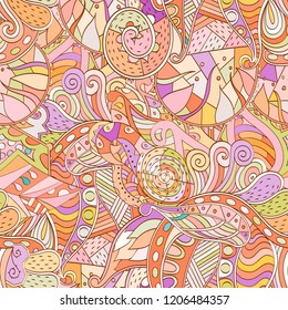Tracery seamless pattern. Mehndi design. Ethnic colorful doodle texture. Curved doodling background. Vector