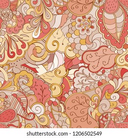 Tracery seamless pattern. Mehndi design. Ethnic colorful doodle texture. Curved doodling background. Vector